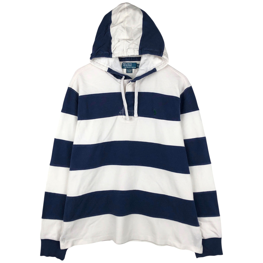 Ralph Lauren POLO by Ralph Lauren Striped Pattern Hooded Long Sleeve Rugby Shirt, Men's Size XL cotton navy blue type Vintage Second Hand