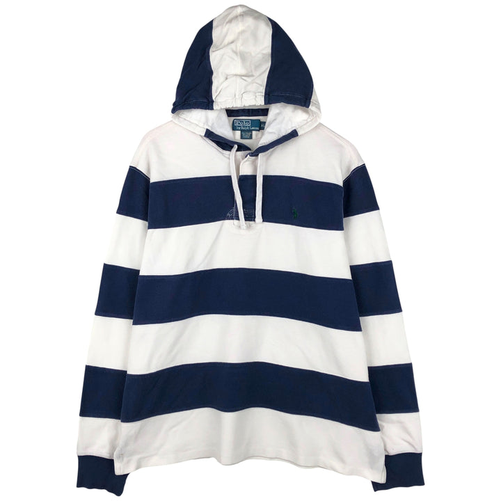 Ralph Lauren POLO by Ralph Lauren Striped Pattern Hooded Long Sleeve Rugby Shirt, Men's Size XL cotton navy blue type Vintage Second Hand