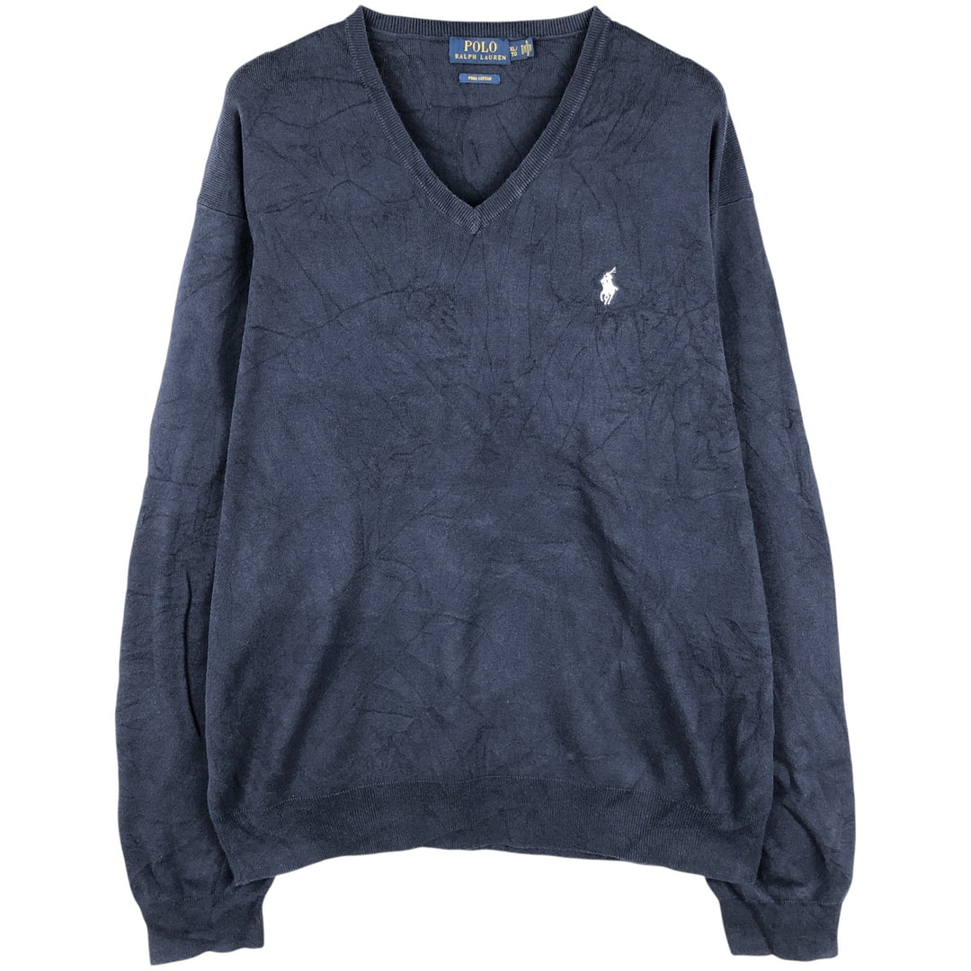 Ralph Lauren POLO RALPH LAUREN V-neck Pima cotton knit sweater, men's size XL Pima Cotton navy blue type Vintage Second Hand