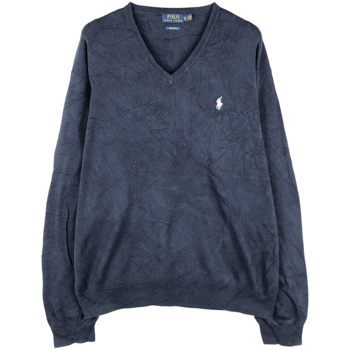 Ralph Lauren POLO RALPH LAUREN V-neck Pima cotton knit sweater, men's size XL Pima Cotton navy blue type Vintage Second Hand