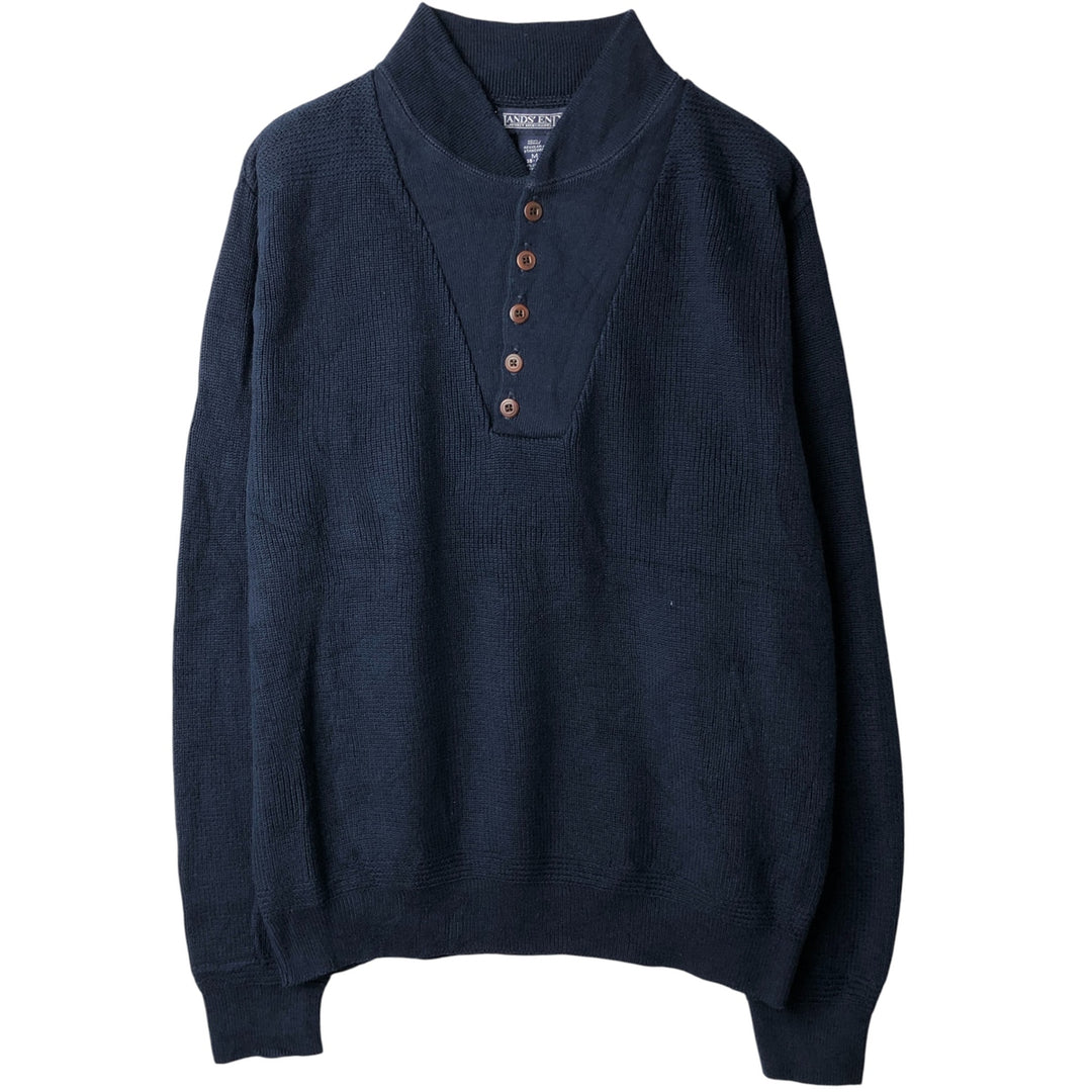 Vintage 90'S Lands' End cotton knit half-button sweater, made in the USA, size M, men's. cotton navy blue type Vintage Second Hand