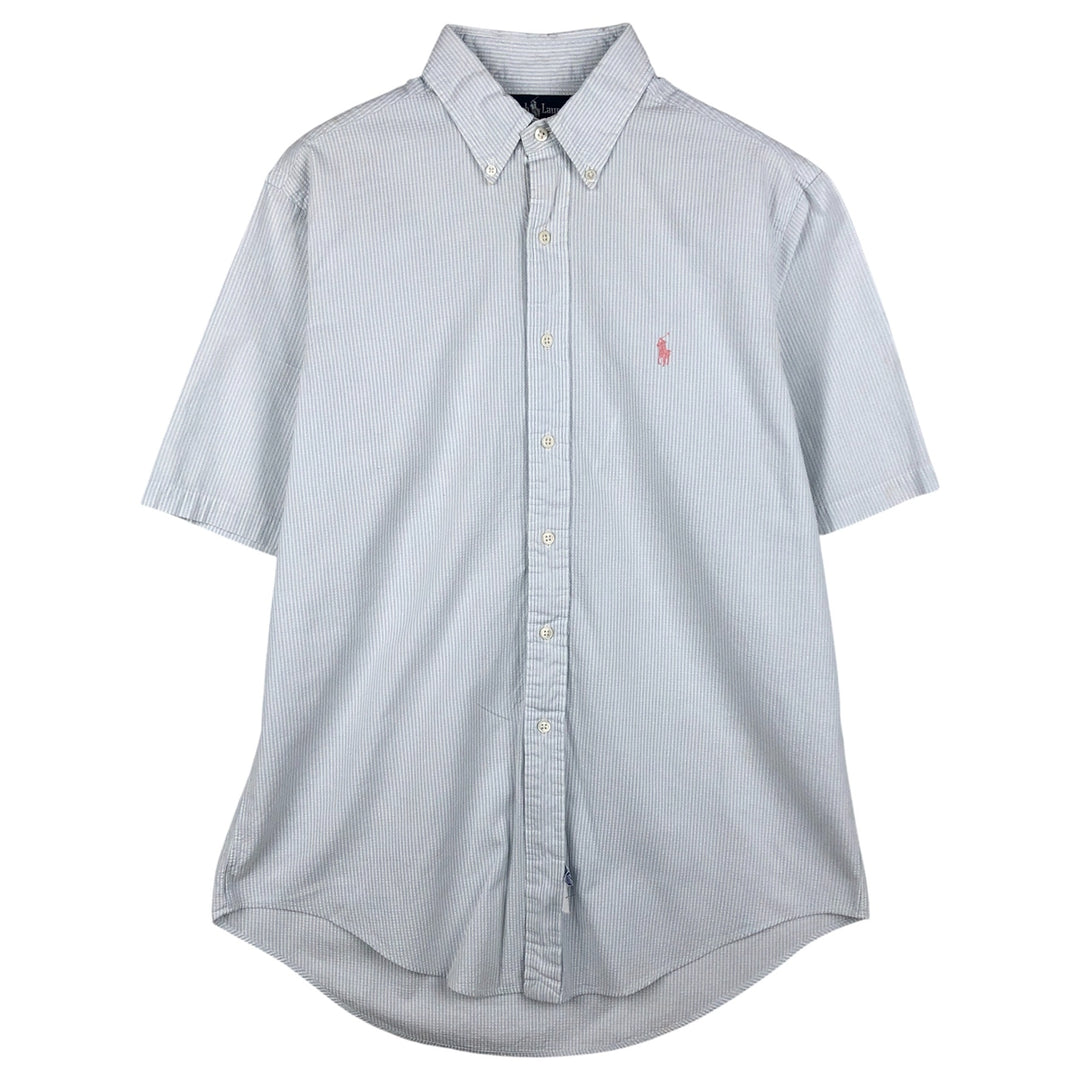 Ralph Lauren Seersucker Short Sleeve Button-Down Striped Shirt, Men's Size L cotton Blue type light blue Vintage Second Hand