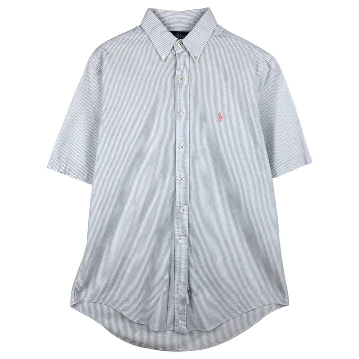 Ralph Lauren Seersucker Short Sleeve Button-Down Striped Shirt, Men's Size L cotton Blue type light blue Vintage Second Hand