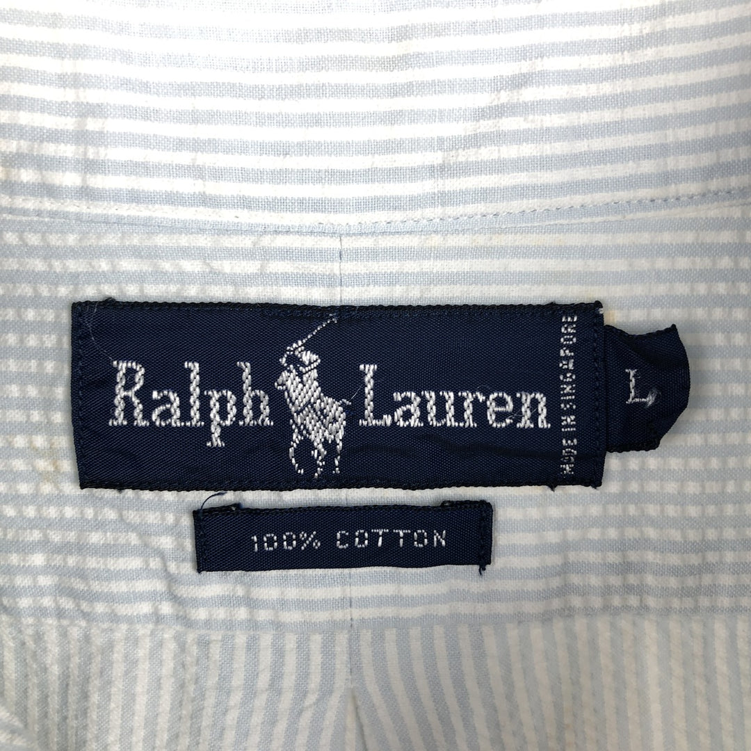 Ralph Lauren Seersucker Short Sleeve Button-Down Striped Shirt, Men's Size L cotton Blue type light blue Vintage Second Hand