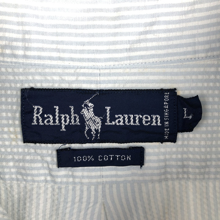 Ralph Lauren Seersucker Short Sleeve Button-Down Striped Shirt, Men's Size L cotton Blue type light blue Vintage Second Hand