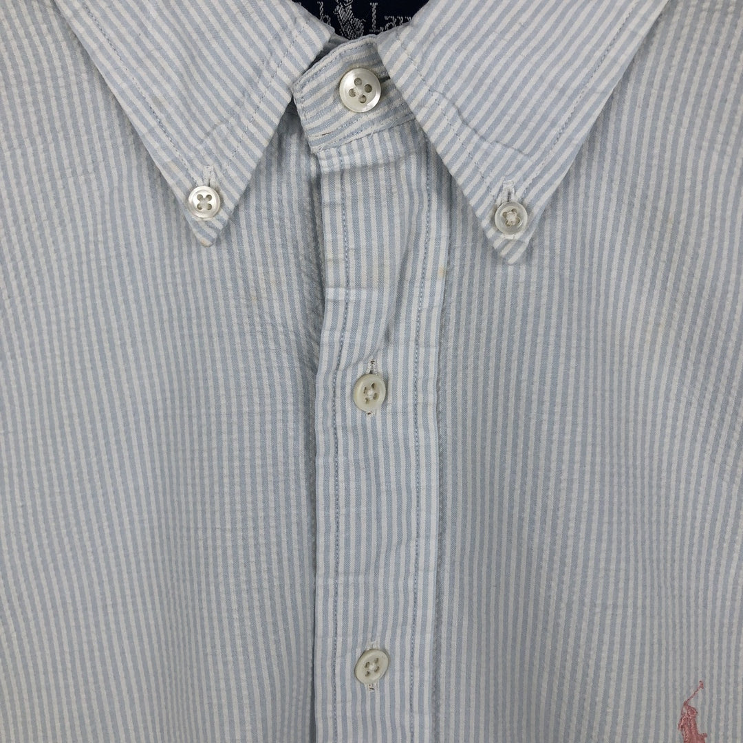 Ralph Lauren Seersucker Short Sleeve Button-Down Striped Shirt, Men's Size L cotton Blue type light blue Vintage Second Hand