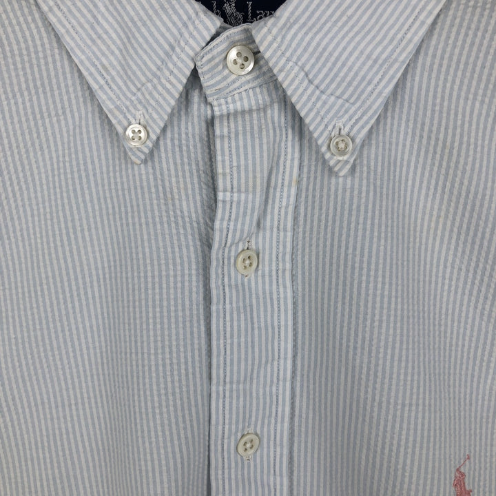 Ralph Lauren Seersucker Short Sleeve Button-Down Striped Shirt, Men's Size L cotton Blue type light blue Vintage Second Hand