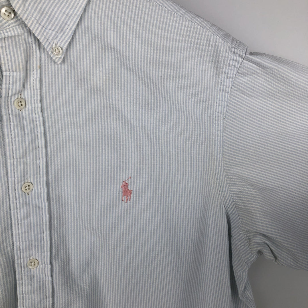 Ralph Lauren Seersucker Short Sleeve Button-Down Striped Shirt, Men's Size L cotton Blue type light blue Vintage Second Hand