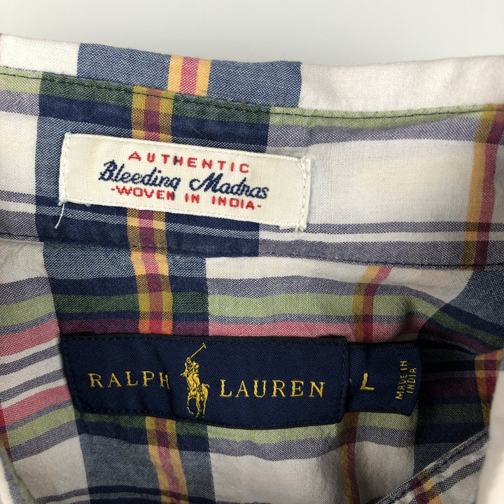 Ralph Lauren short sleeve button down check shirt, men's size L cotton navy blue type Vintage Second Hand