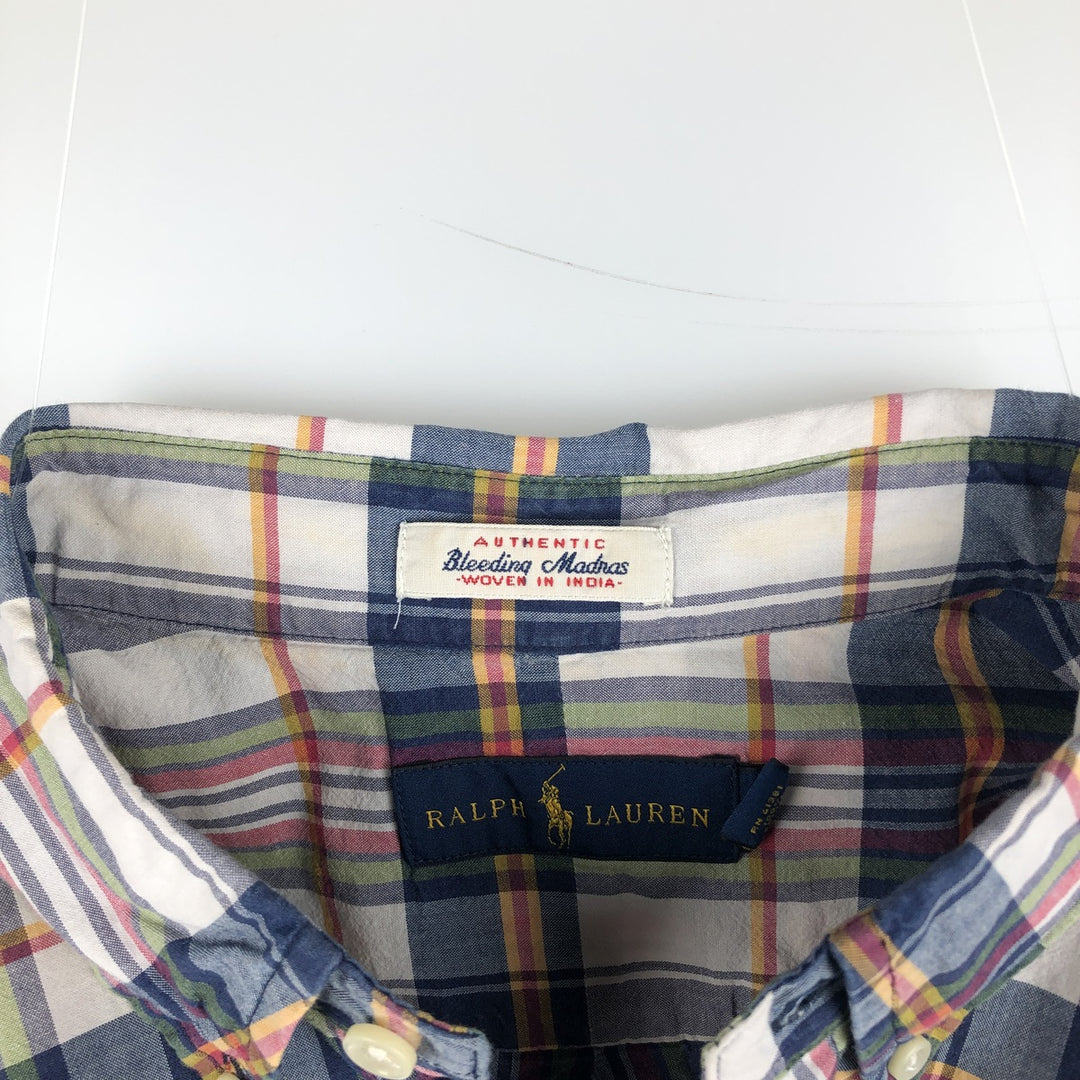 Ralph Lauren short sleeve button down check shirt, men's size L cotton navy blue type Vintage Second Hand