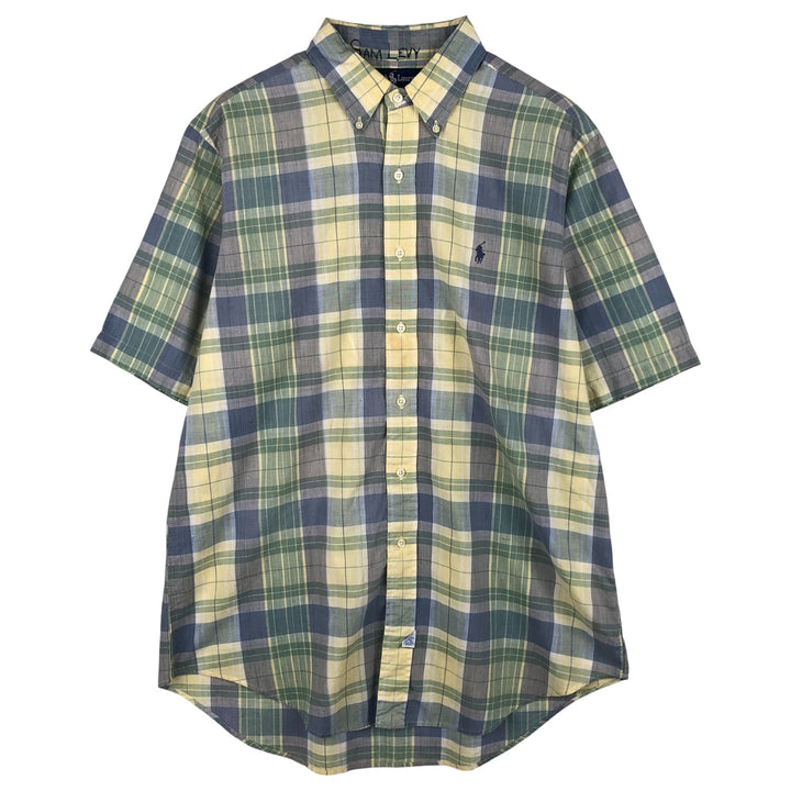 Ralph Lauren short sleeve button down check shirt, men's size L cotton lemon yellow Vintage Second Hand