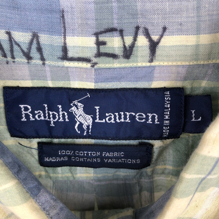 Ralph Lauren short sleeve button down check shirt, men's size L cotton lemon yellow Vintage Second Hand