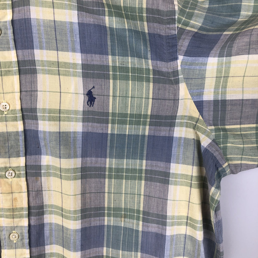 Ralph Lauren short sleeve button down check shirt, men's size L cotton lemon yellow Vintage Second Hand