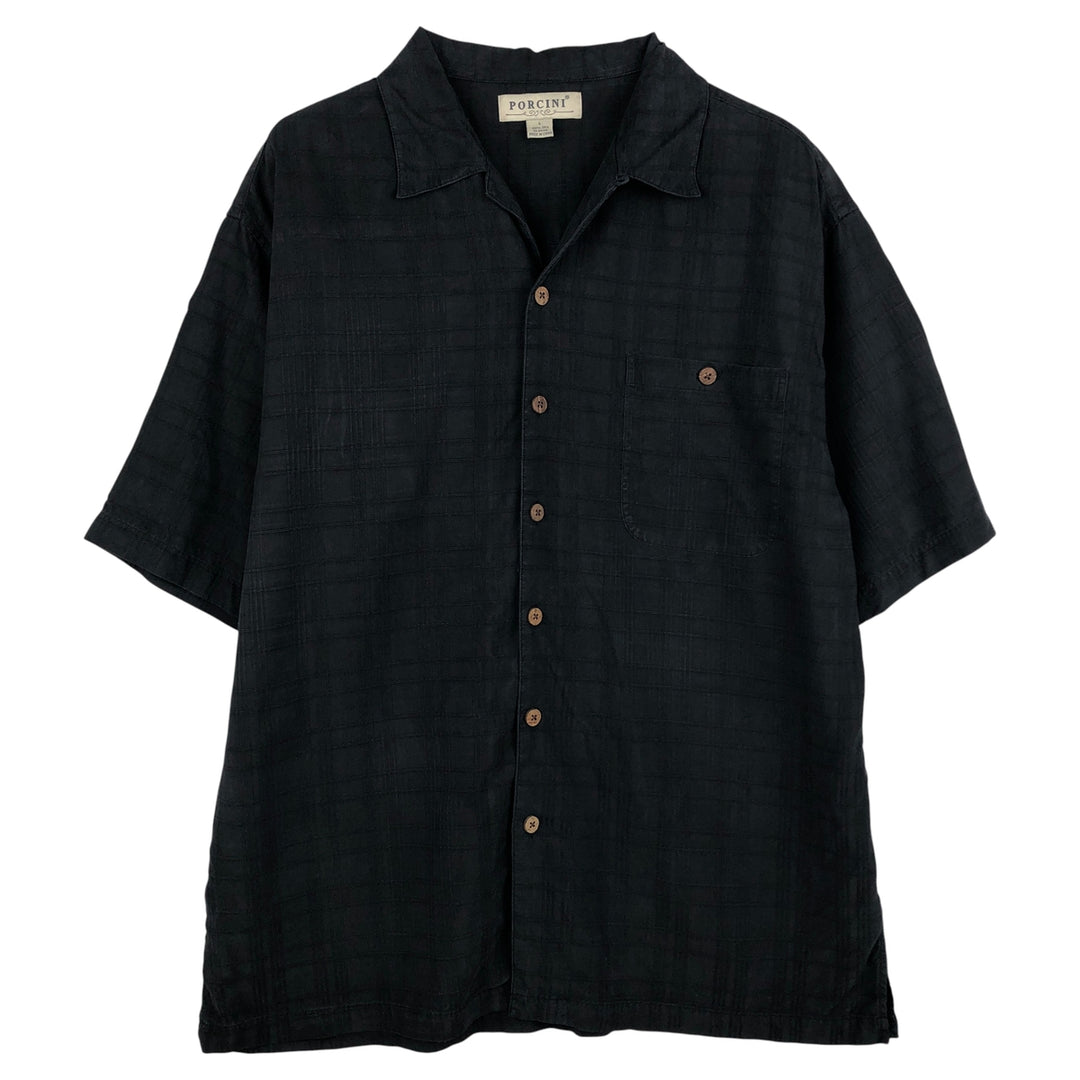 PORCINI Check Pattern Short Sleeve Open Collar Silk Shirt, Men's Size L silk black type Vintage Second Hand