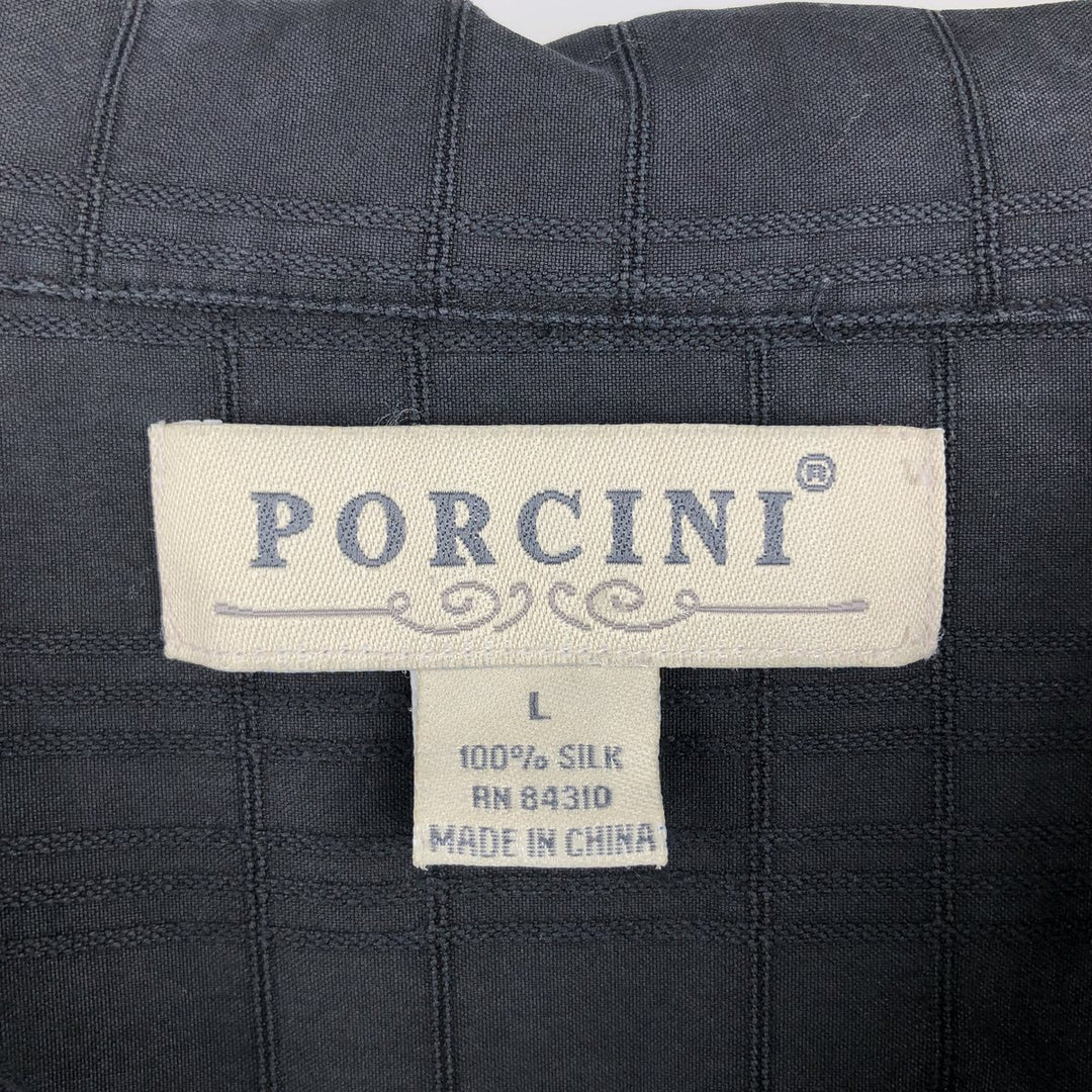 PORCINI Check Pattern Short Sleeve Open Collar Silk Shirt, Men's Size L silk black type Vintage Second Hand