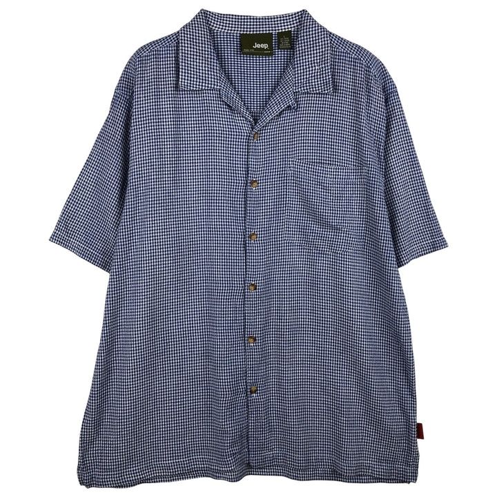 Jeep Gingham Check Seersucker Short Sleeve Open Collar Rayon Box Shirt, Men's Size L Rayon blue type Vintage Second Hand