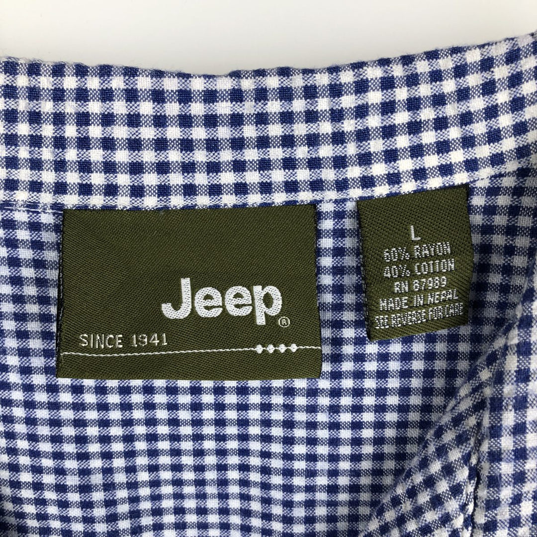 Jeep Gingham Check Seersucker Short Sleeve Open Collar Rayon Box Shirt, Men's Size L Rayon blue type Vintage Second Hand