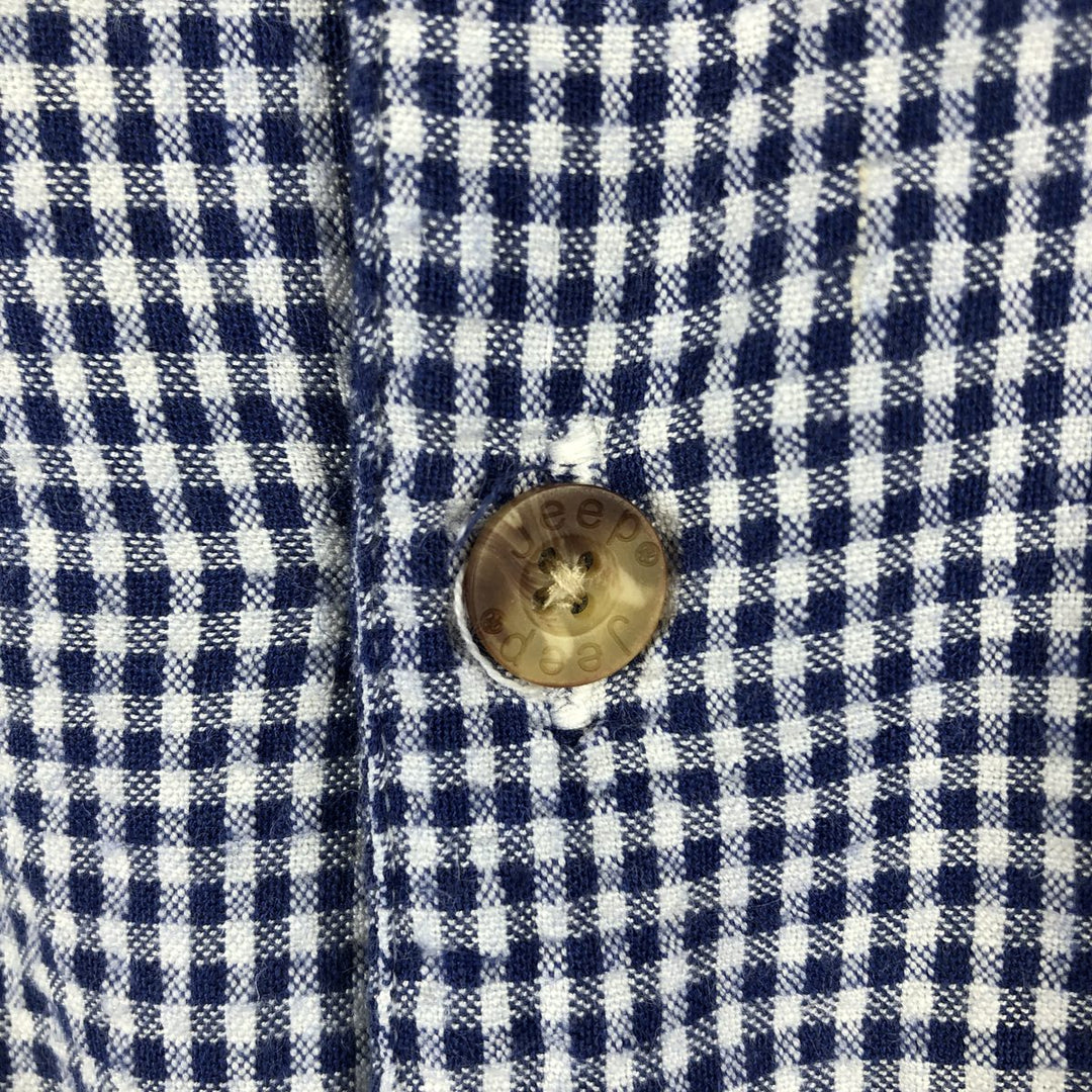 Jeep Gingham Check Seersucker Short Sleeve Open Collar Rayon Box Shirt, Men's Size L Rayon blue type Vintage Second Hand