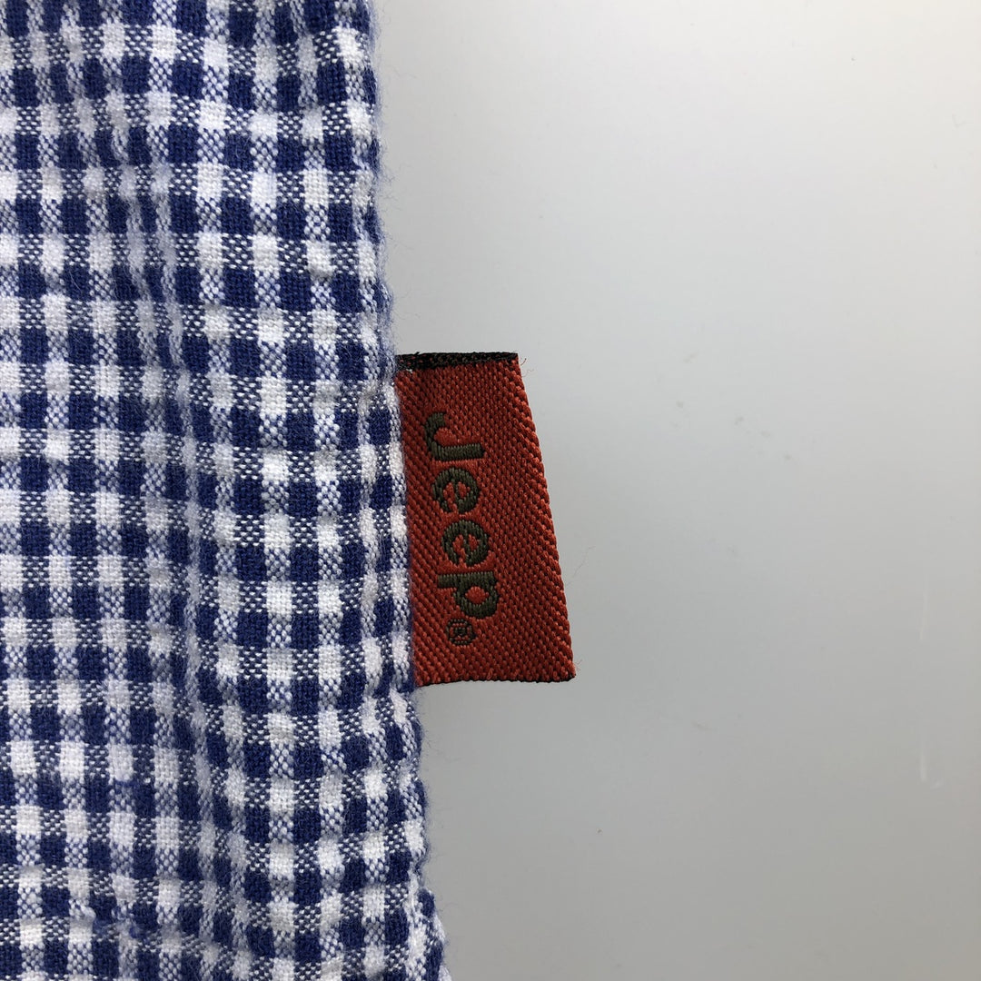Jeep Gingham Check Seersucker Short Sleeve Open Collar Rayon Box Shirt, Men's Size L Rayon blue type Vintage Second Hand