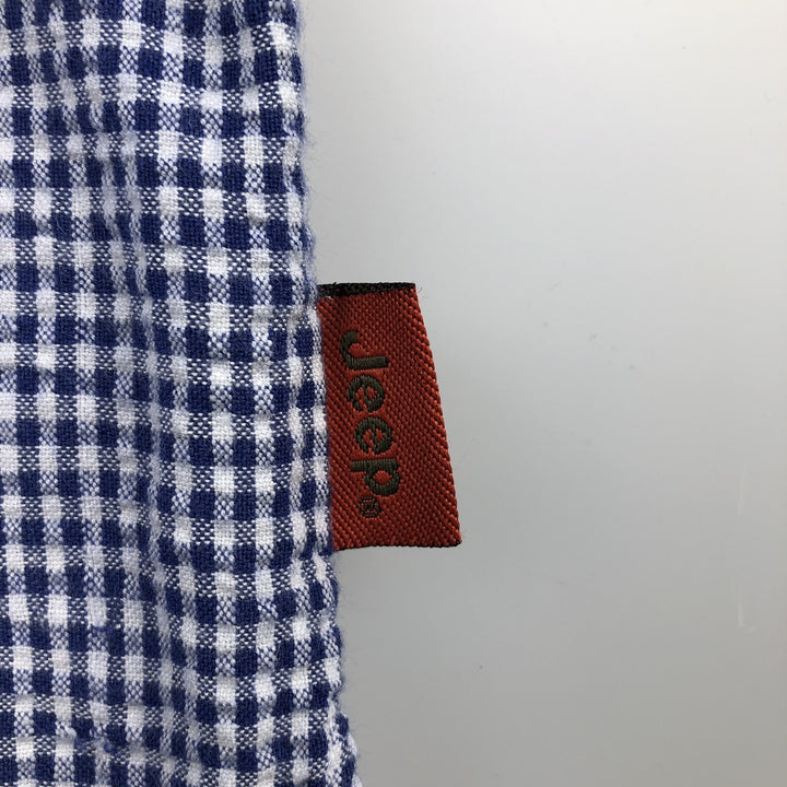 Jeep Gingham Check Seersucker Short Sleeve Open Collar Rayon Box Shirt, Men's Size L Rayon blue type Vintage Second Hand