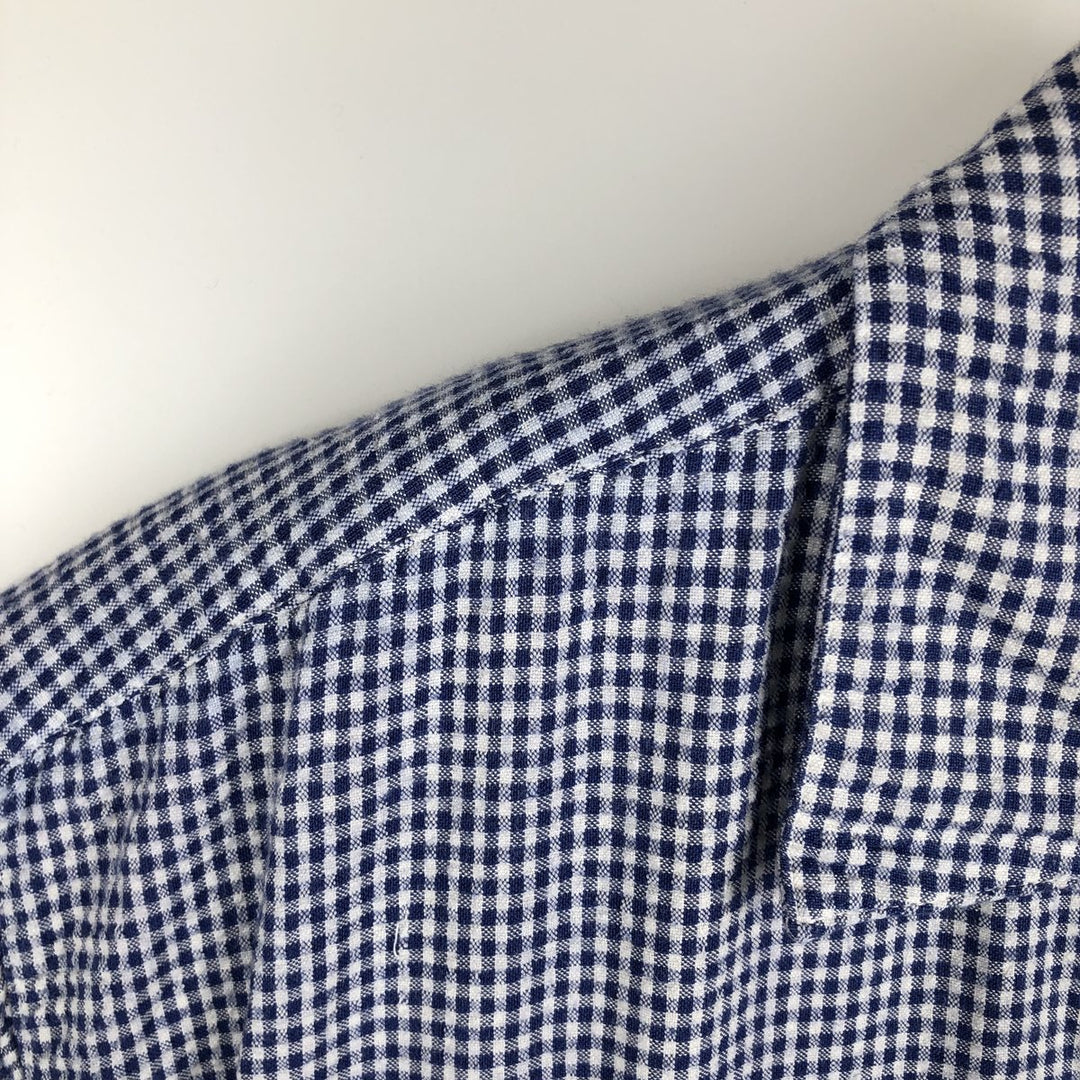 Jeep Gingham Check Seersucker Short Sleeve Open Collar Rayon Box Shirt, Men's Size L Rayon blue type Vintage Second Hand