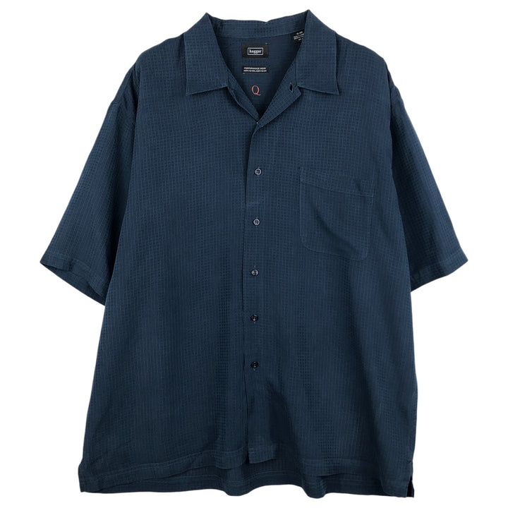 Haggar Check Pattern Short Sleeve Open Collar Rayon Box Shirt, Men's Size XL Rayon navy blue type Vintage Second Hand