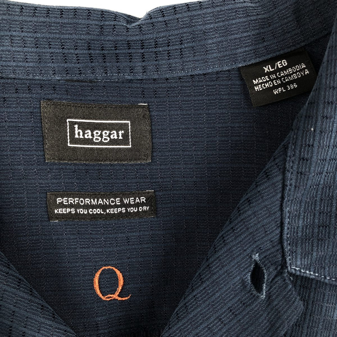 Haggar Check Pattern Short Sleeve Open Collar Rayon Box Shirt, Men's Size XL Rayon navy blue type Vintage Second Hand
