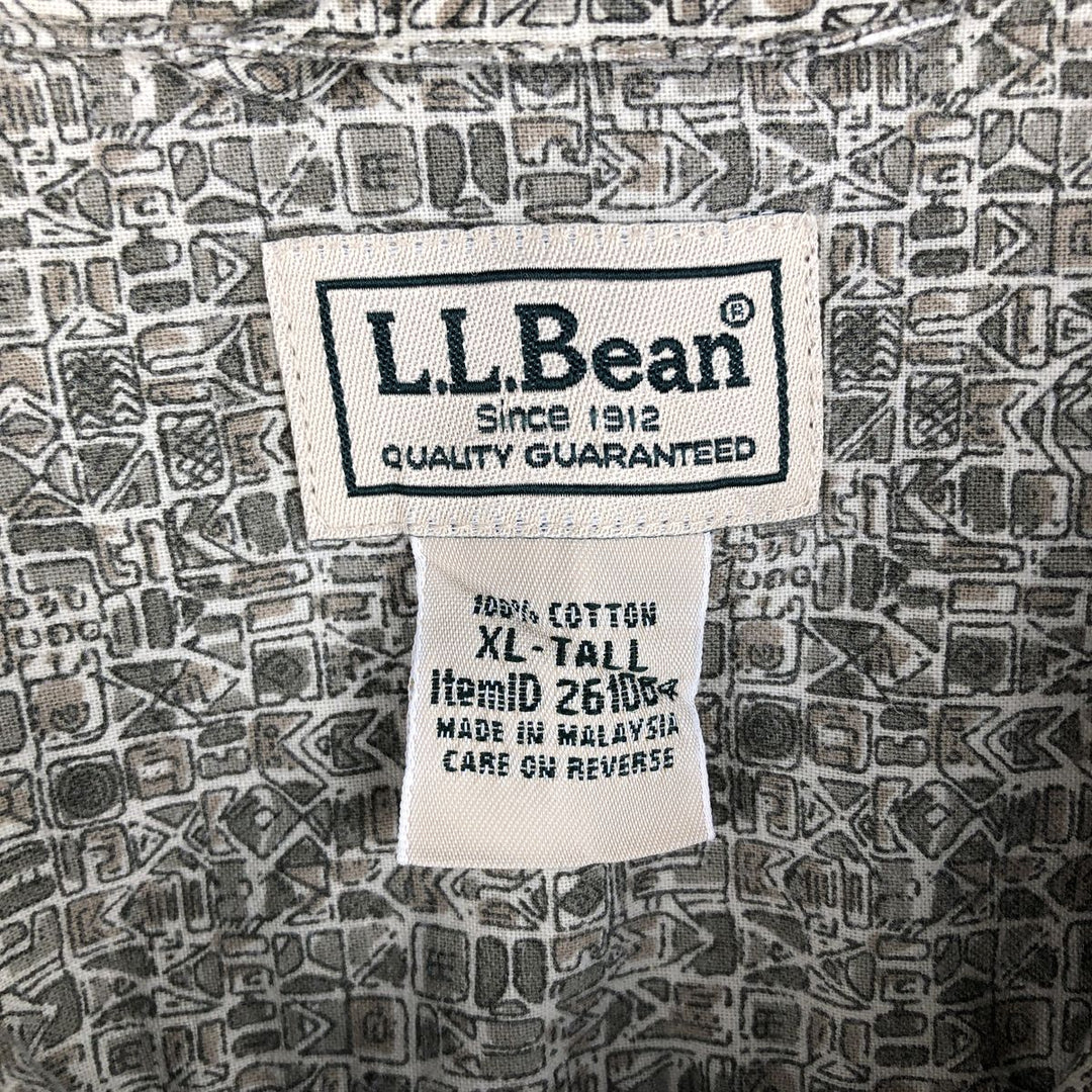 90s-00'S LL Bean all-over print short-sleeved open-collar cotton box shirt, men's size XL, vintage cotton Khaki type sage green Vintage Second Hand