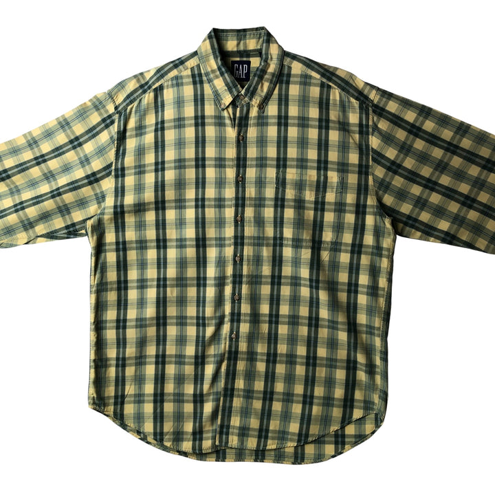 90'S GAP Vintage Long Sleeve Button-Down Check Shirt, Men's XL cotton lemon yellow Vintage Second Hand