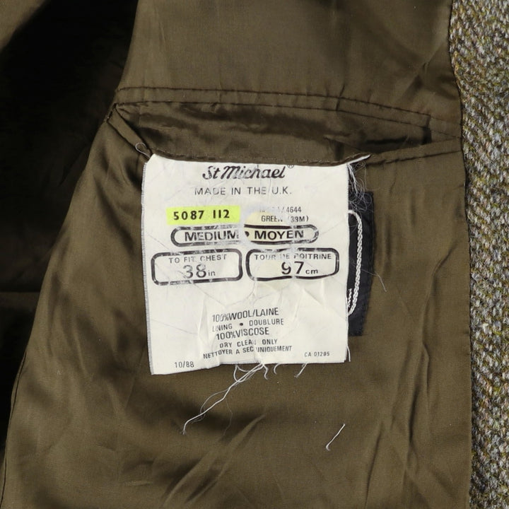 St. Michael Harris Tweed Herringbone Wool Tailored Jacket, Made in England, Men's Size Medium wool Khaki type Vintage Second Hand