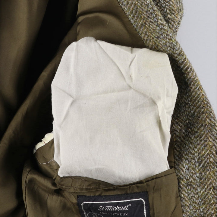 St. Michael Harris Tweed Herringbone Wool Tailored Jacket, Made in England, Men's Size Medium wool Khaki type Vintage Second Hand
