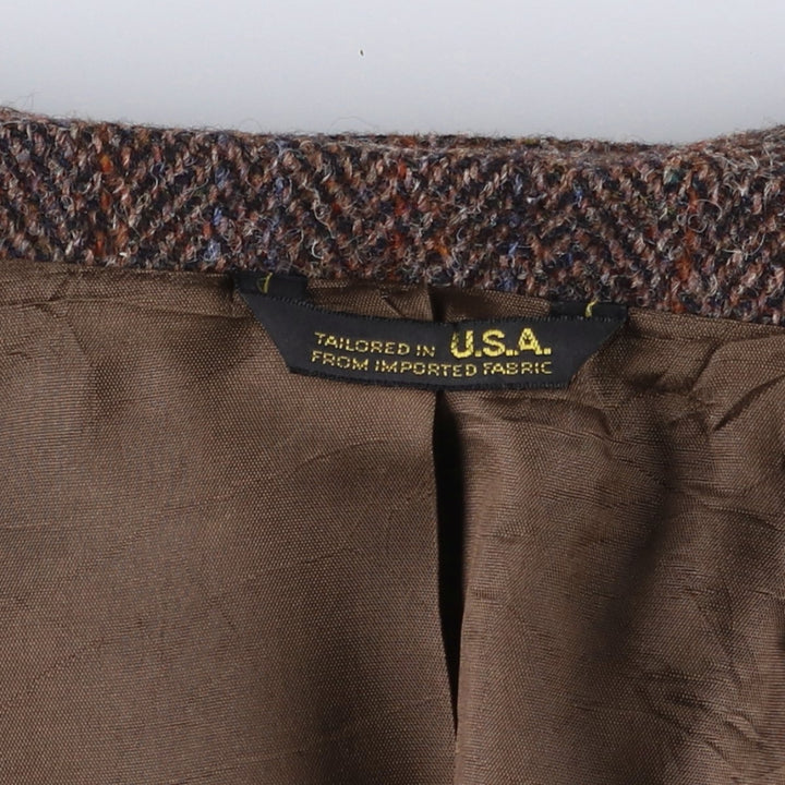 80s-90'S middishade clothes Harris Tweed herringbone wool tailored jacket, made in USA, men's size L wool red type reddish brown Vintage Second Hand
