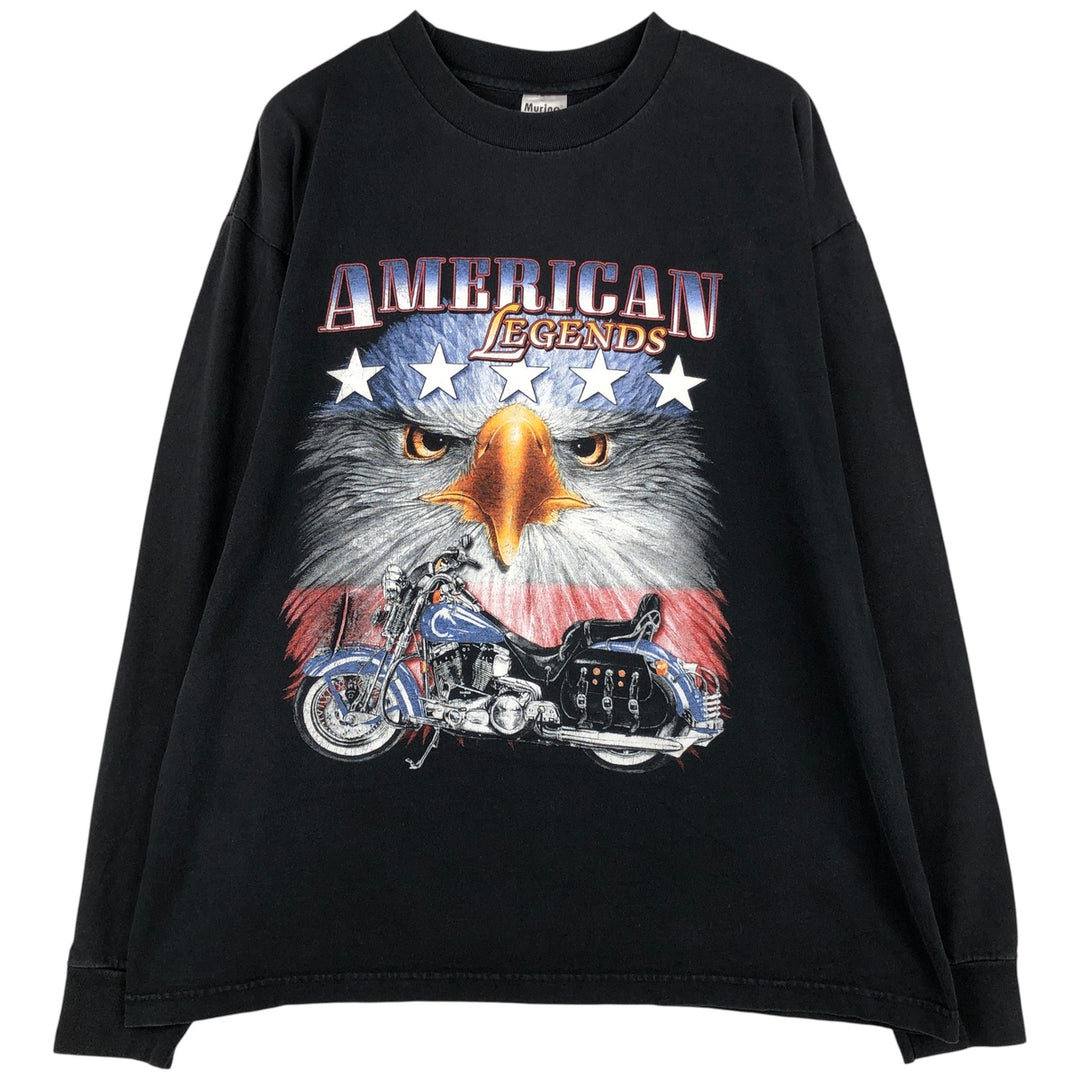 90'S MURINA Eagle Pattern Motorcycle Long Sleeve T-Shirt, Made in USA, Men's XL cotton black type Vintage Second Hand