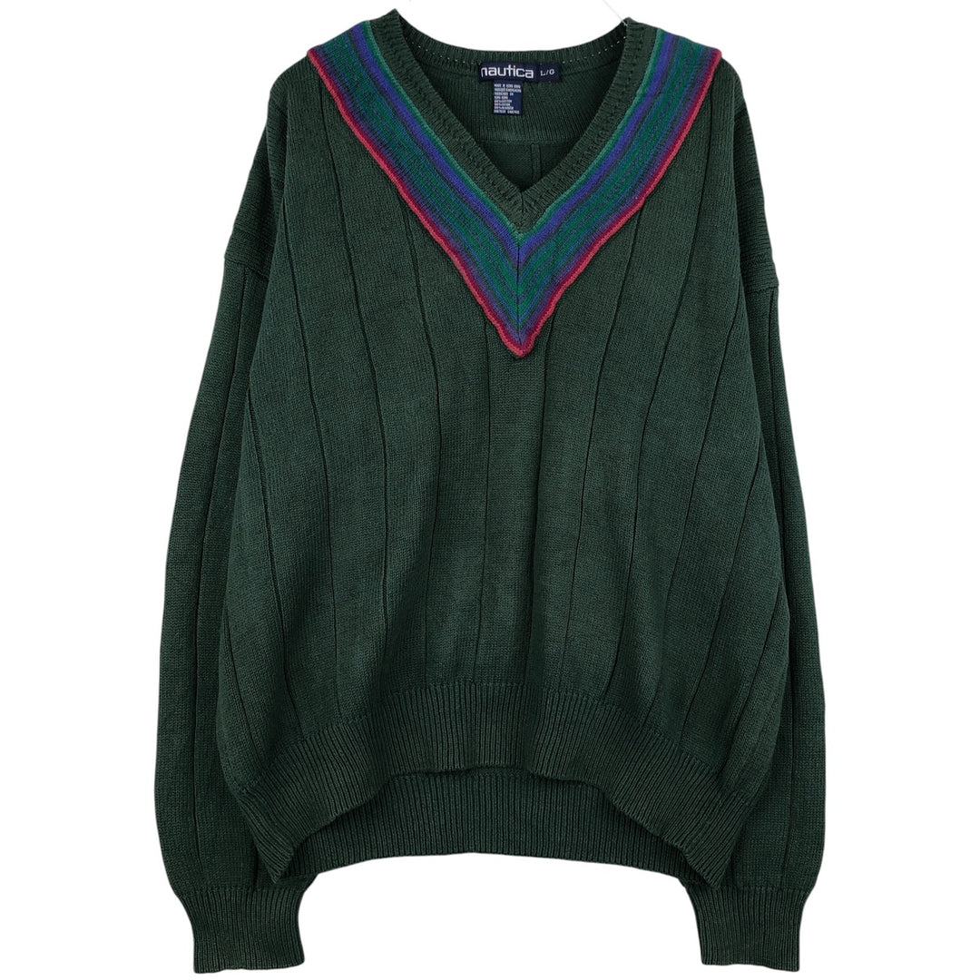 90'S Vintage Nautica V-neck cotton knit sweater, size L, men's cotton Green type dark green Vintage Second Hand