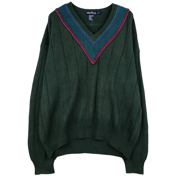 90'S Vintage Nautica V-neck cotton knit sweater, size L, men's cotton Green type dark green Vintage Second Hand