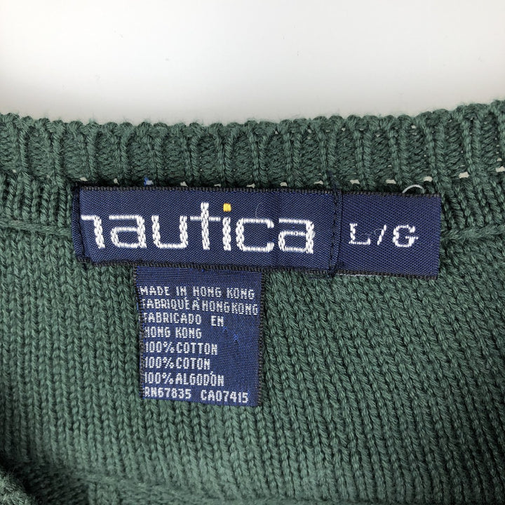 90'S Vintage Nautica V-neck cotton knit sweater, size L, men's cotton Green type dark green Vintage Second Hand