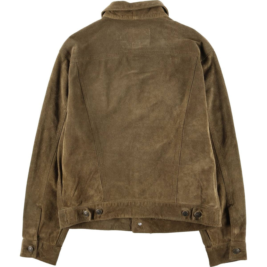 GAP BLUE JEANS Trucker Jacket, Suede Leather Jacket, Men's Size Small Genuine Leather Suede Leather Khaki type brown Vintage Second Hand