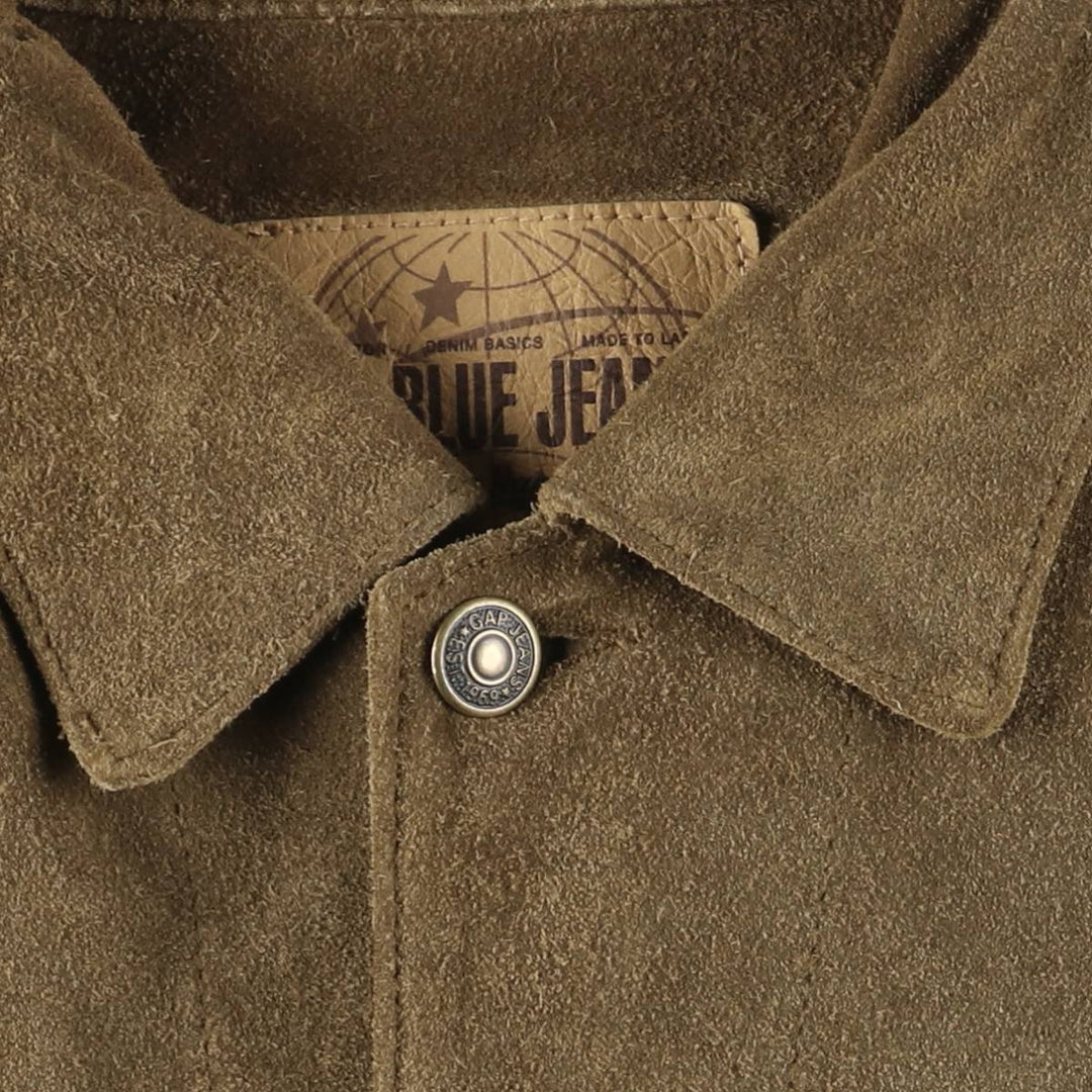 GAP BLUE JEANS Trucker Jacket, Suede Leather Jacket, Men's Size Small Genuine Leather Suede Leather Khaki type brown Vintage Second Hand