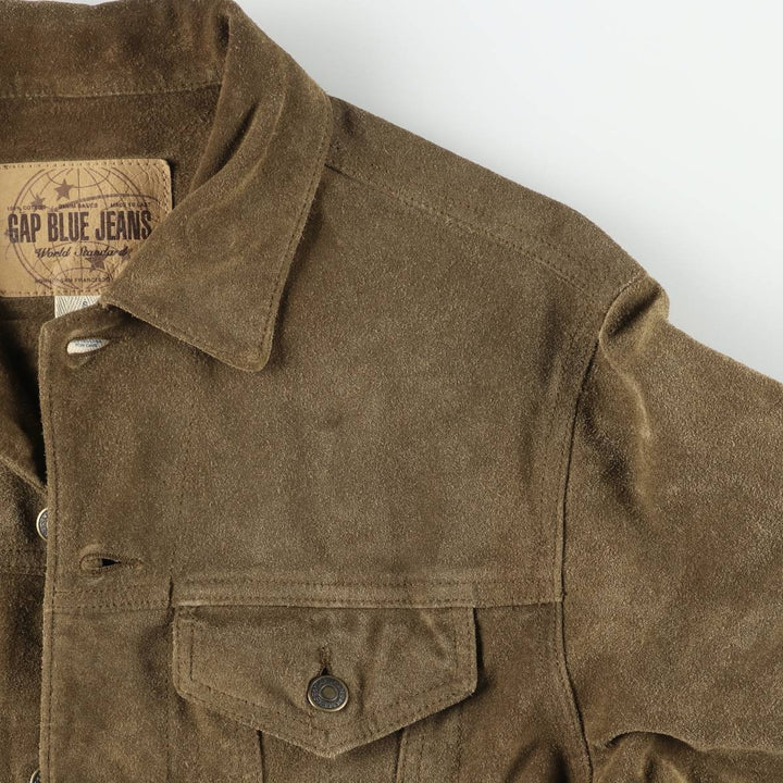 GAP BLUE JEANS Trucker Jacket, Suede Leather Jacket, Men's Size Small Genuine Leather Suede Leather Khaki type brown Vintage Second Hand