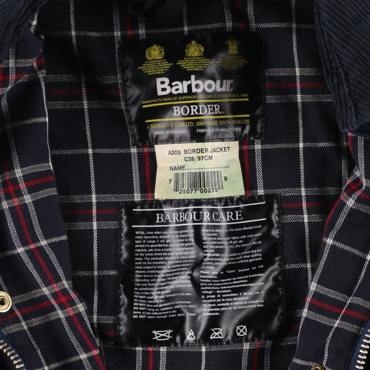 2000'S Barbour BORDER Waxed Cotton Oiled Jacket with Old 3 Warrant Badge, Made in the UK, C38, Men's Size M cotton navy blue type Vintage Second Hand