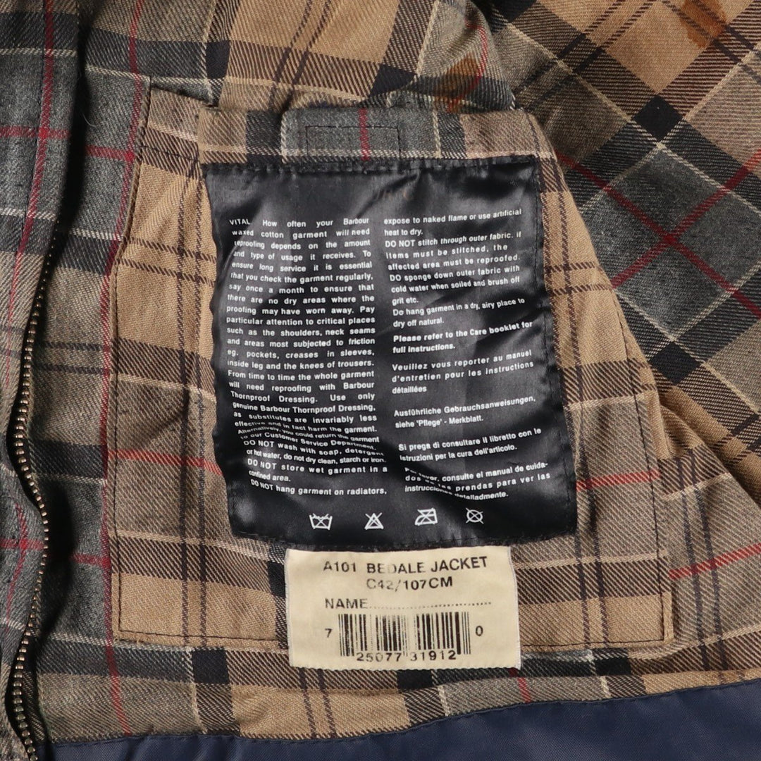 2000'S Barbour BEDALE waxed cotton oiled jacket, Made in England, C42, Men's size L cotton Charcoal Vintage Second Hand