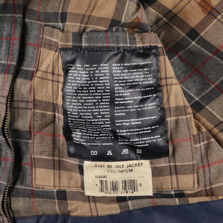 2000'S Barbour BEDALE waxed cotton oiled jacket, Made in England, C42, Men's size L cotton Charcoal Vintage Second Hand