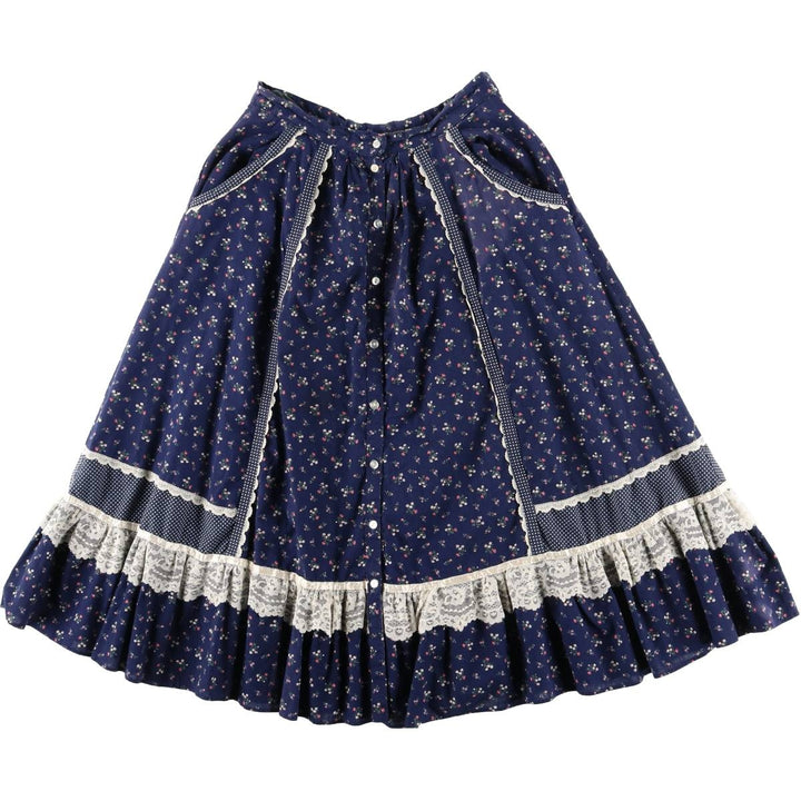 Vintage 1970'S Gunne Sax Gannies all-over floral print cotton half-length flared skirt, size S. cotton navy blue type Vintage Second Hand