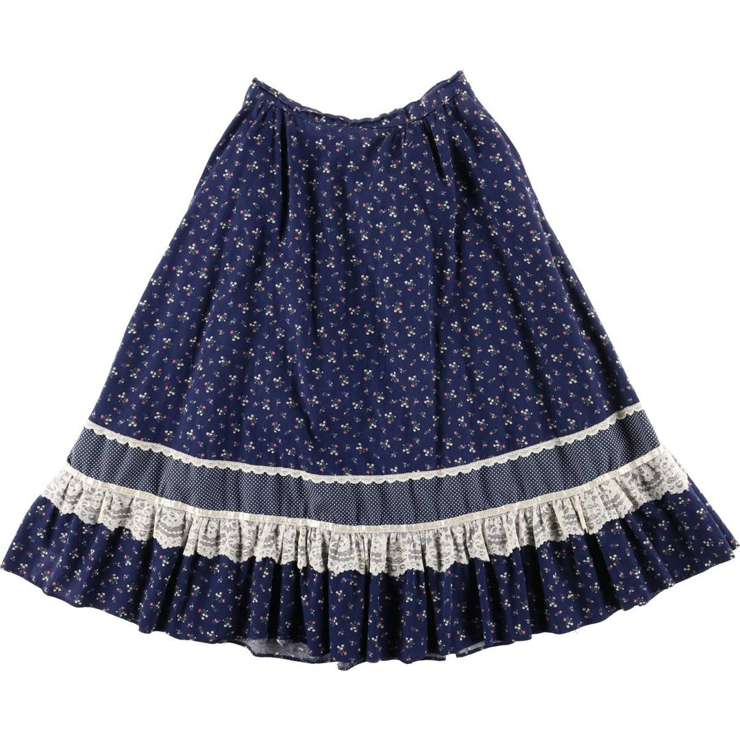 Vintage 1970'S Gunne Sax Gannies all-over floral print cotton half-length flared skirt, size S. cotton navy blue type Vintage Second Hand