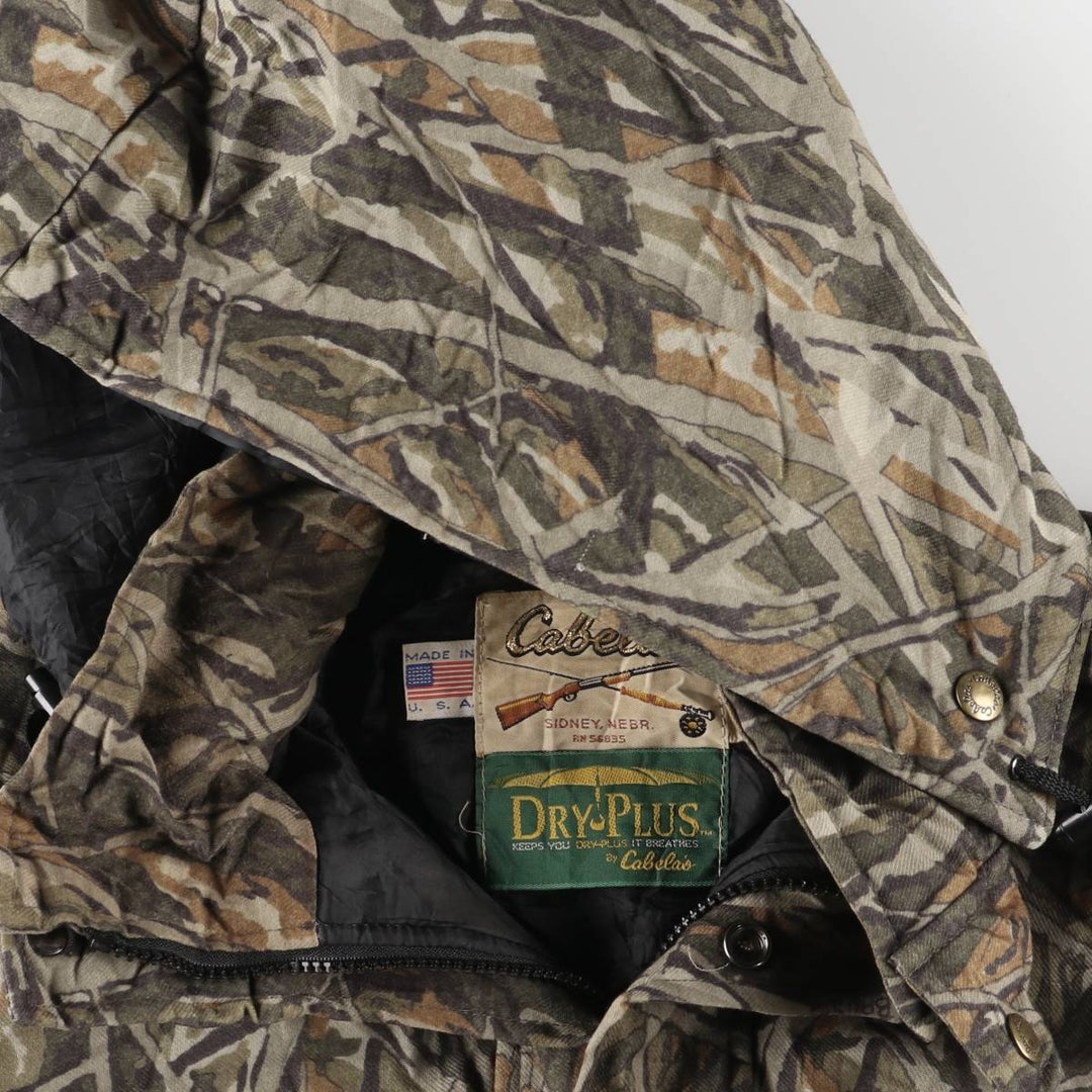 70s-80'S Cabela's DRY-PLUS Camouflage Pattern Realtree Camo Padded Mountain Parka Shell Jacket, Made in USA, Men's Size L polyester Khaki type Vintage Second Hand