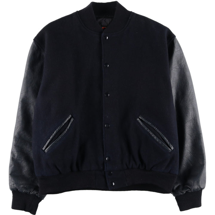 90'S GAME Leather Sleeve Wool Button Varsity Jacket, Made in USA, Men's Size L, Vintage wool black type Vintage Second Hand