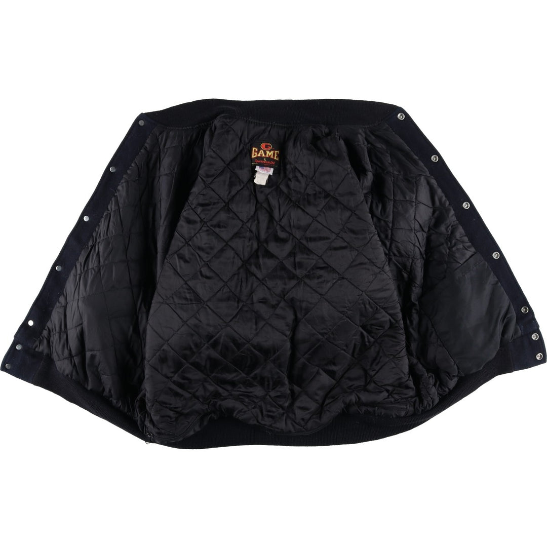 90'S GAME Leather Sleeve Wool Button Varsity Jacket, Made in USA, Men's Size L, Vintage wool black type Vintage Second Hand