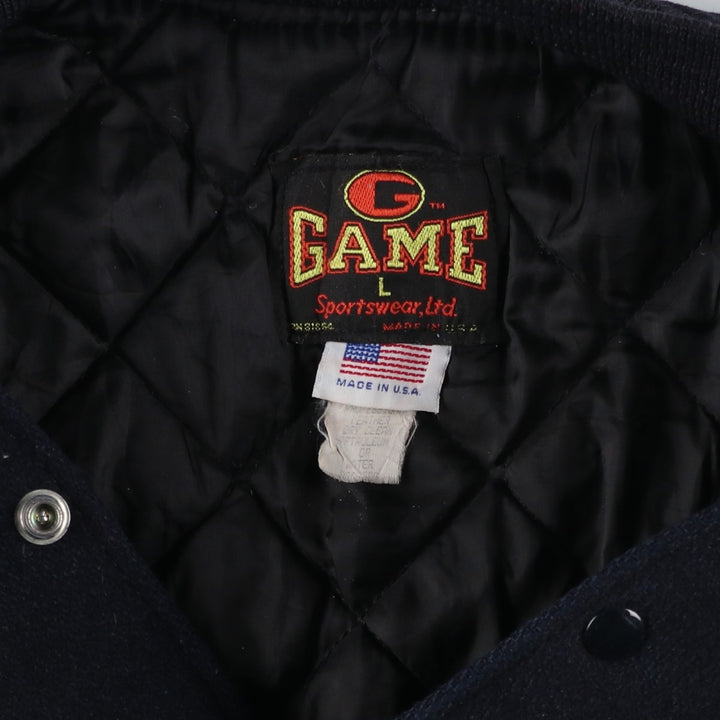 90'S GAME Leather Sleeve Wool Button Varsity Jacket, Made in USA, Men's Size L, Vintage wool black type Vintage Second Hand