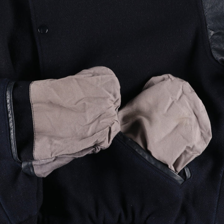 90'S GAME Leather Sleeve Wool Button Varsity Jacket, Made in USA, Men's Size L, Vintage wool black type Vintage Second Hand