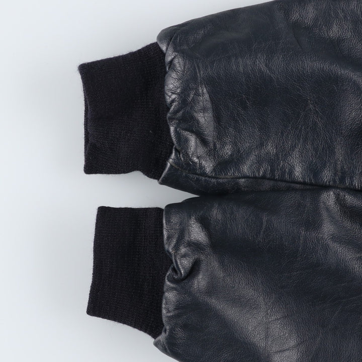 90'S GAME Leather Sleeve Wool Button Varsity Jacket, Made in USA, Men's Size L, Vintage wool black type Vintage Second Hand
